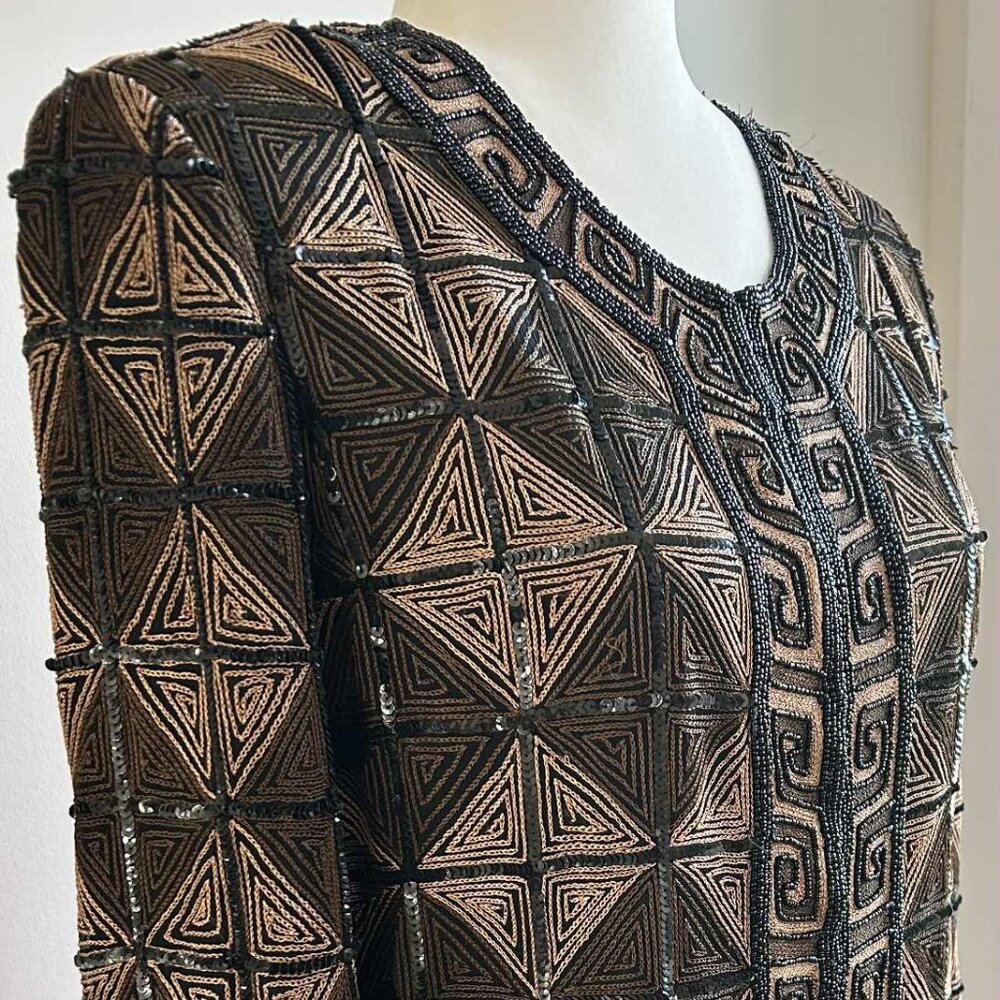 Hand-Beaded Black & Bronze Silk Geometric Jacket w/ Greek Key Borders – US XS/S